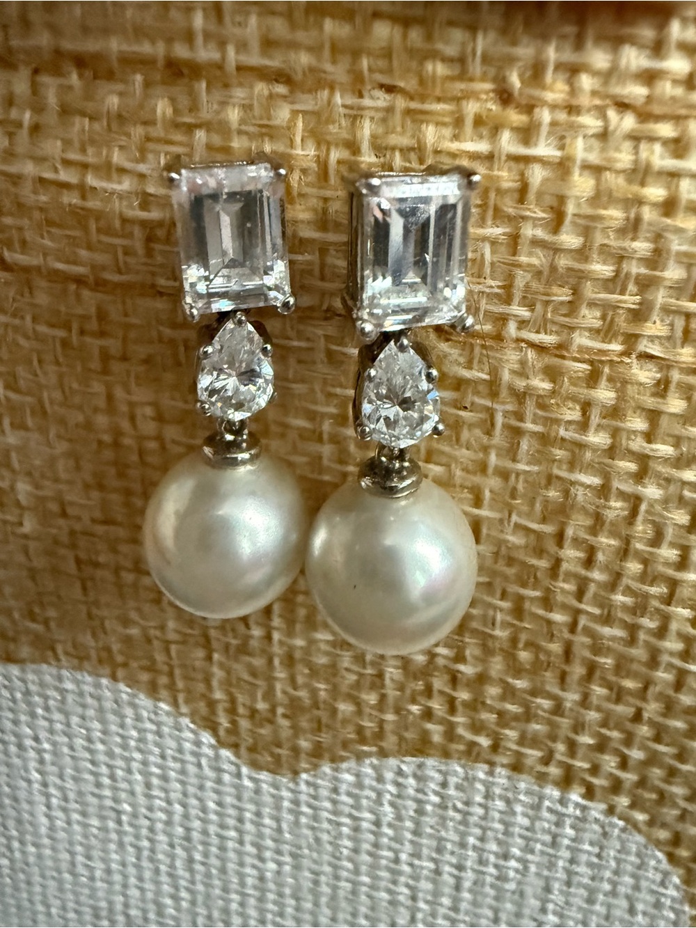 NWOT .925 Sterling Silver Genuine Pearl Drop Earrings with Clear Crystal Accents